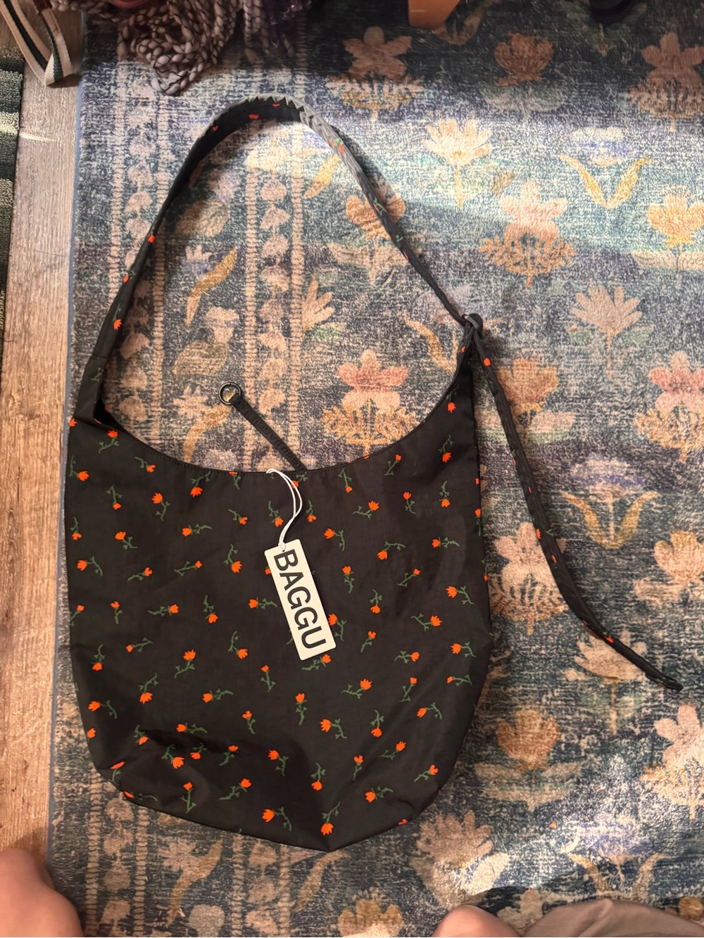 BAGGU Large Nylon Sling Bag with Orange Floral Print - NWT Painted Wildflower